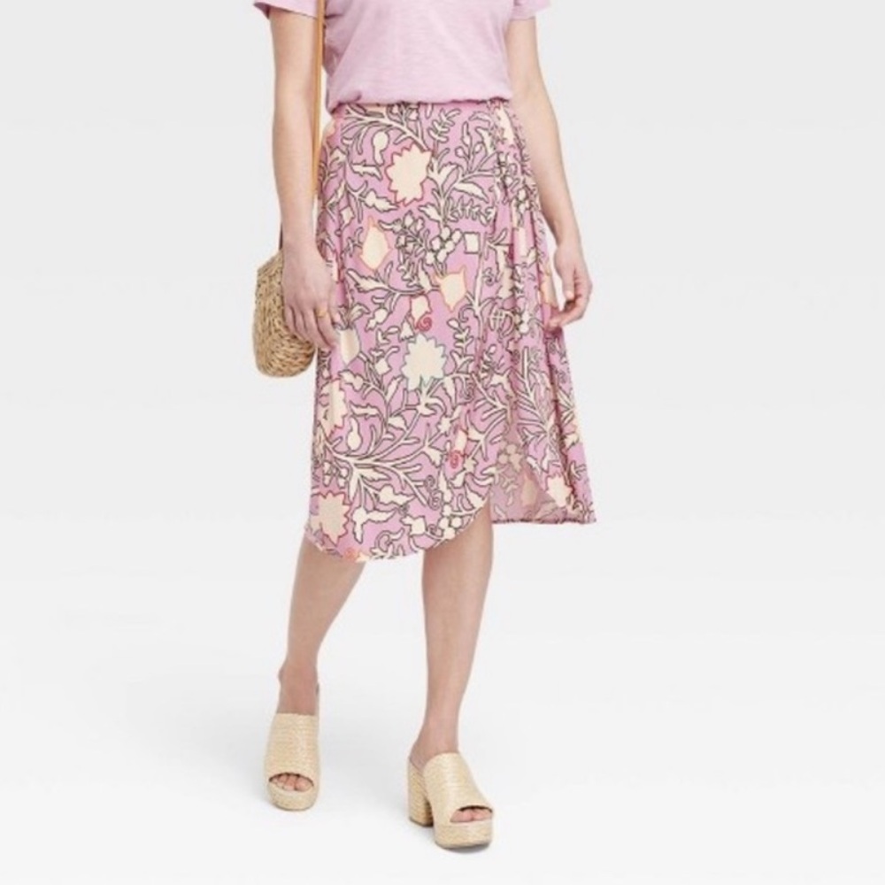 Knox Rose Women's Drapey Hi-Rise A-Line Wrap Skirt Pink Crepe Floral XS NWT
